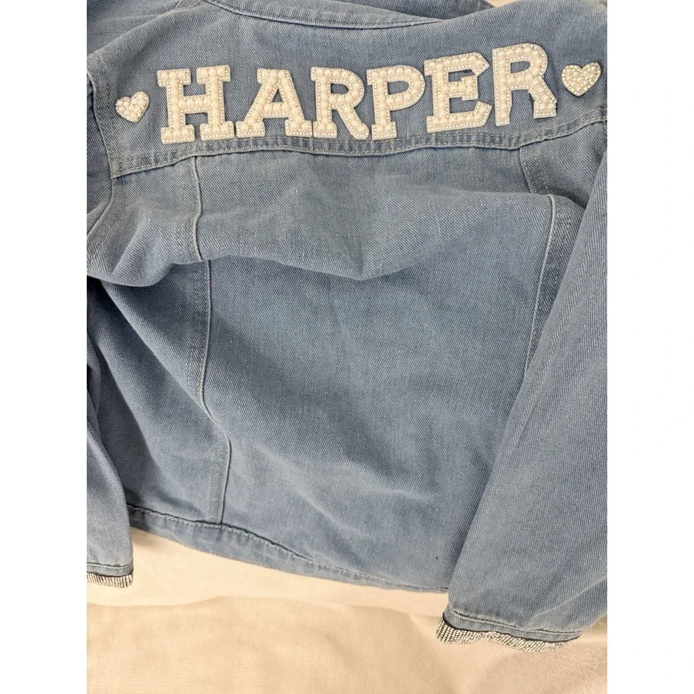 Girls Denim Jacket 7/8Y HARPER Custom Name Pearl Letters Rhinestone Heart Star